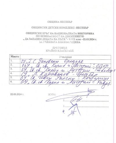 ОБЩИНСКИ КРЪГ НА НАЦИОНАЛНАТА ВИКТОРИНА ПО БЕЗОПАСНОСТ НА ДВИЖЕНИЕТО  "ДА ЗАПАЗИМ ДЕЦАТА НА ПЪТЯ",  V-VII клас, 22.03.2024 за 2023/2024 1
